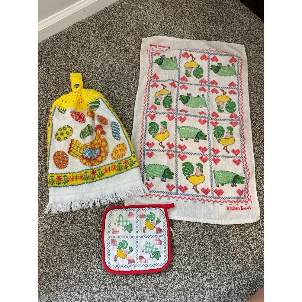 Vintage Rooster Dish Towel Retro Towels and Pot Holder